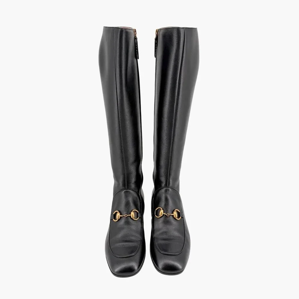 Gucci Mister Black Knee High Horsebit Crystal Heel Boots Size 37 US 7 Women's - Picture 3 of 15